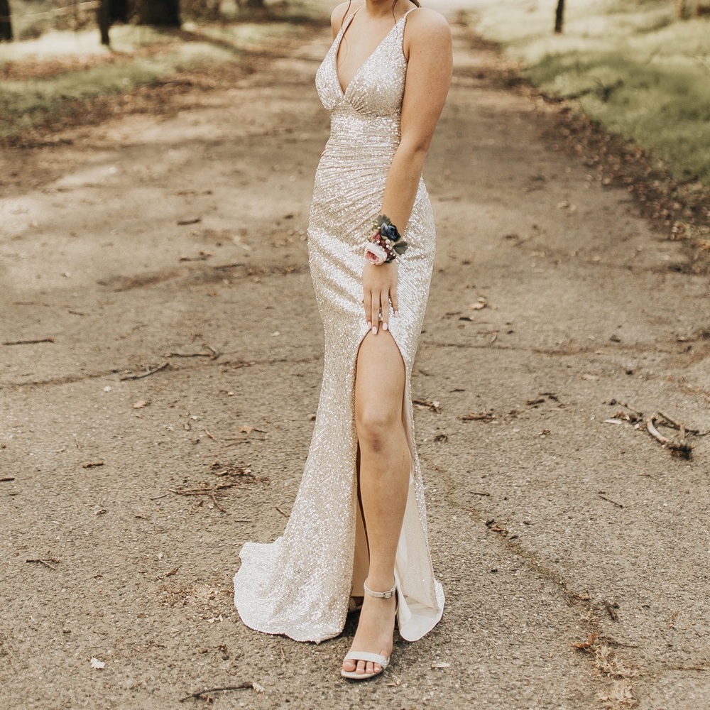 Alyce Paris Silver/Nude Sequin Prom Dress